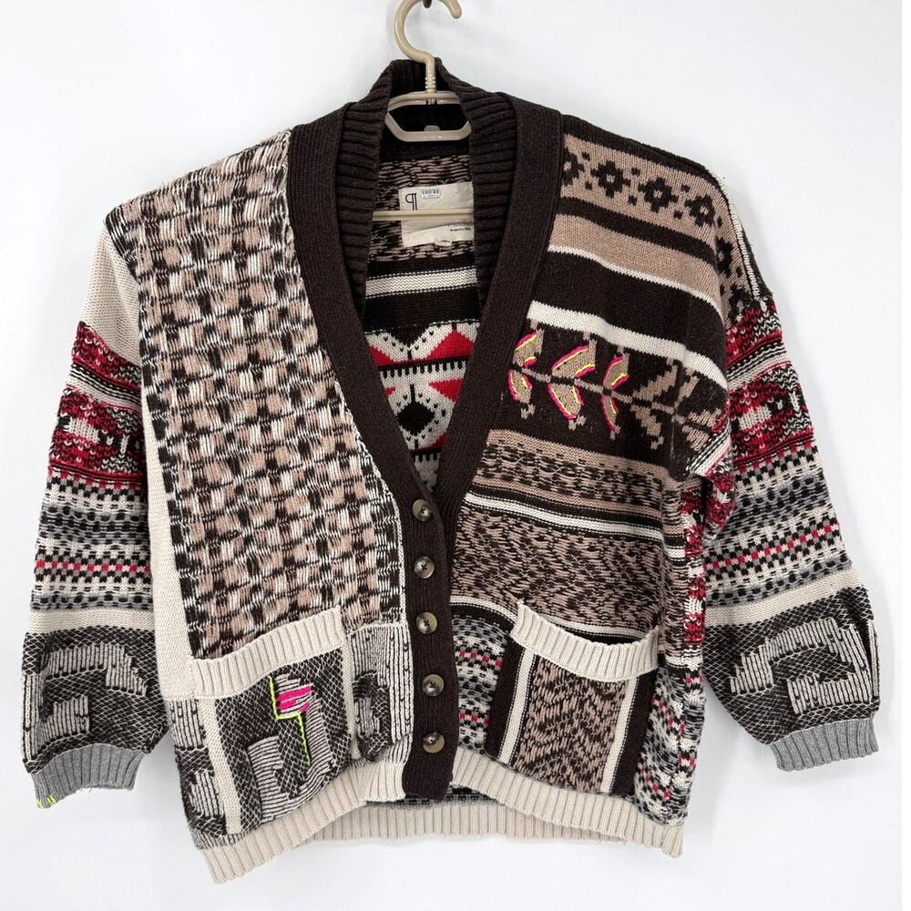 Anthropologie Pilcro Mash Up Patchwork Cardigan Sweater Oversized Chunky Small